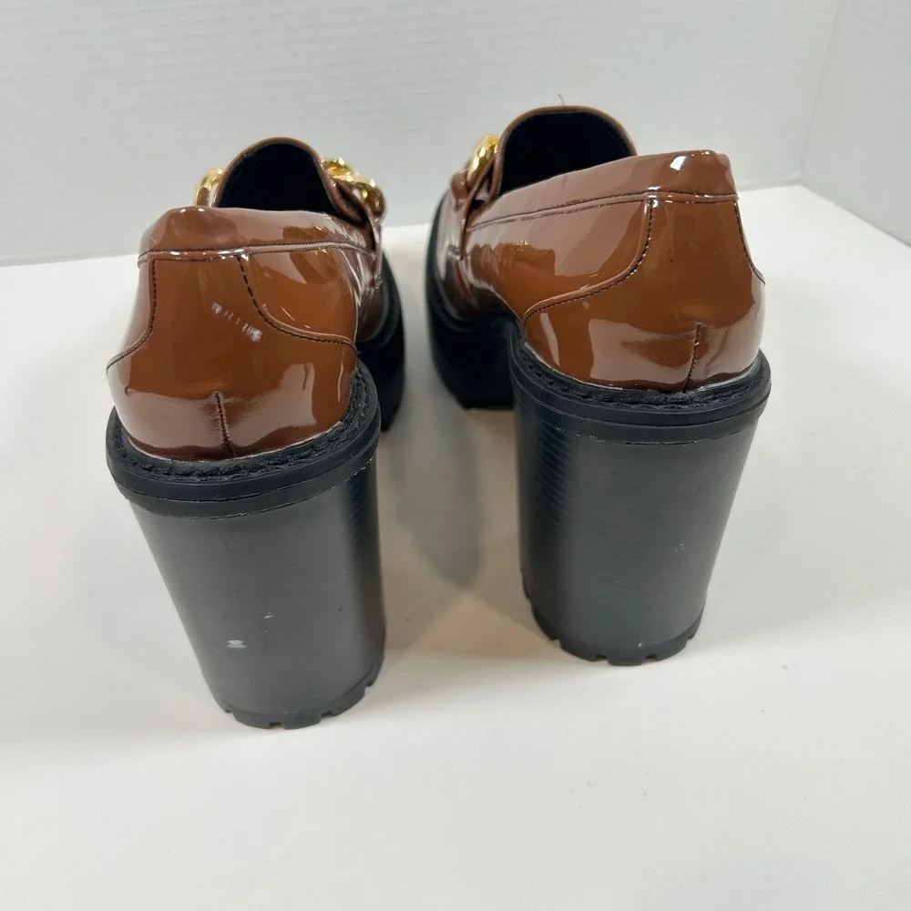 Madden Girl Heel Womens 10 Brown Patent Chain Cognac Platform Chunkie Loafers